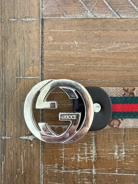 Gucci Brown Canvas Belt with Red and Green Web and Silver GG Buckle